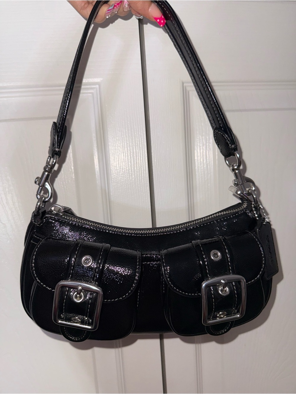 Coach Black Patent Shoulder Bag with Silver Buckles